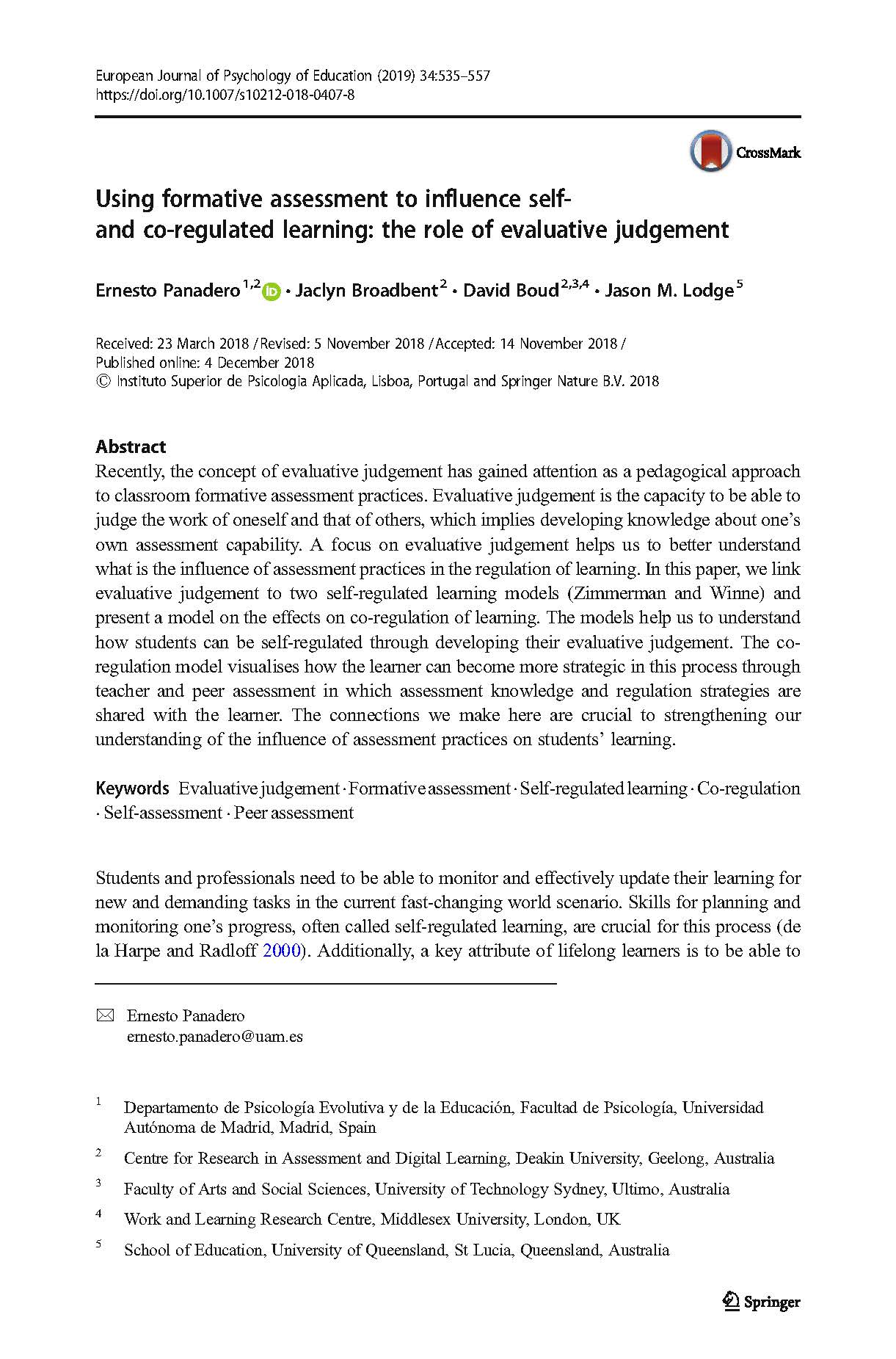 Using formative assessment to influence self and co-regulated learning: the role of evaluative judgement